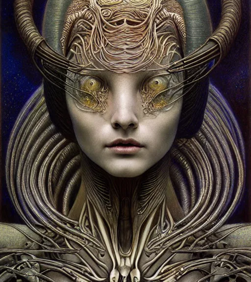 Image similar to detailed realistic beautiful young alien robot as queen of mars face portrait by jean delville, gustave dore and marco mazzoni, art nouveau, symbolist, visionary, gothic, pre - raphaelite. horizontal symmetry by zdzisław beksinski, iris van herpen, raymond swanland and alphonse mucha. highly detailed, hyper - real, beautiful