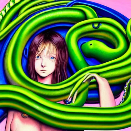 Prompt: 3 d, close - up, fashion model in a blue factory worker's overalls face looking down at the floor eyes sad tentacles instead of hands, green snakes background, soft light, smooth face feature, intricate oil painting, high detail illustration, sharp high detail, manga and anime 1 9 9 9