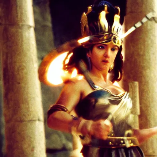 Image similar to the greek goddess athena in battle, scene from live action movie