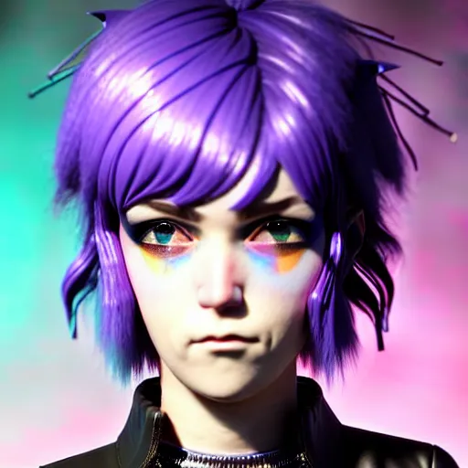 Prompt: a beautiful ramona flowers wearing punk fashion with head tilted back, focus close on eyes realistic skin texture, eighties holographic art by ilya kuvshinov monet range murata artgerm katsuhiro otomo norman rockwell, highly detailed intricately sharp focus, bedroom eyes trending on pinterest vogue italia unreal engine 5, 4 k uhd image