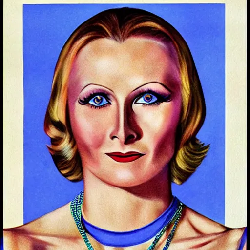 Image similar to a 1 9 2 0 s ultra - realistic color portrait. happy, healthy, beautiful, smiling, young, sporty, blonde, blue - eyed symmetric greta garbo in decent athletic wear. hyper - realistic detailed drawing