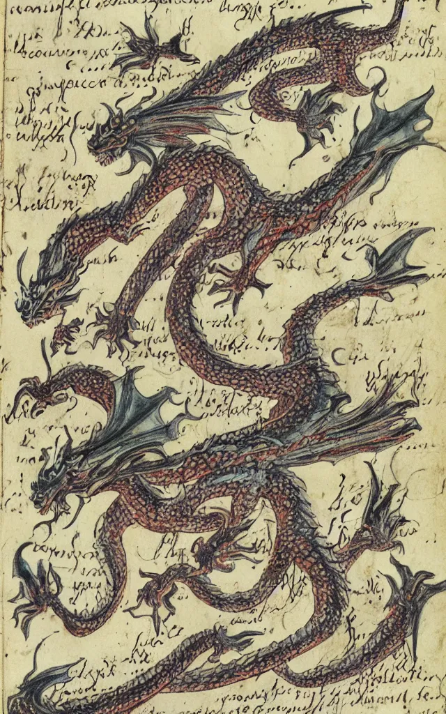 Image similar to a dragon with ten different human frail heads, marginalia manuscript