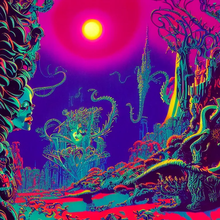 Prompt: strange holiday, synthwave, bright neon colors, highly detailed, cinematic, eyvind earle, tim white, philippe druillet, roger dean, ernst haeckel, lisa frank, aubrey beardsley, stanley kubrick