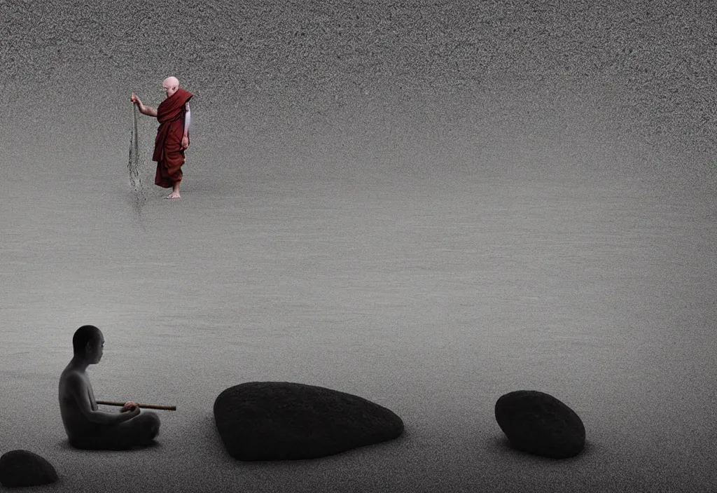 Image similar to portrait of a lone monk raking stones in a beautiful serene zen garden kyoto, japan, a collage painting, in the style of wes anderson, lola dupre, david hockney, isolated on negative white space background dark monochrome fluorescent neon spraypaint accents volumetric octane render