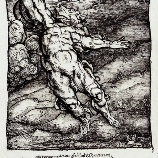 Image similar to Garfield falling from heaven after his banishment, dramatic lighting, woodcut, by Albrecht Durer, by Gustav Dore, trending on artstation