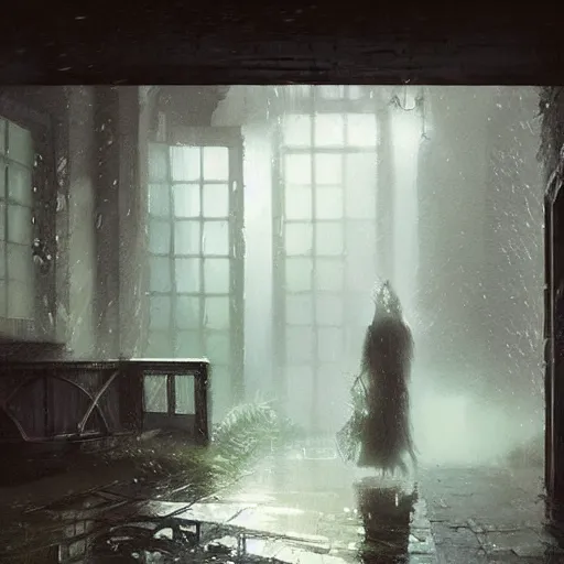 Image similar to a house in the rain, Shadow Realm, Greg Rutkowski, wet floors