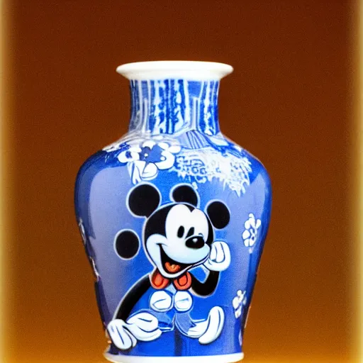 Image similar to a delft blue vase with a happy mickey mouse depicted on it ; extremely detailed