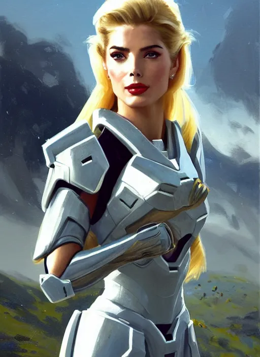 Image similar to A combination of Adriana Dxim's and Grace Kelly's and Ashley Greene's appearances with blonde hair wearing Forerunner armor from Halo, countryside, calm, fantasy character portrait, dynamic pose, above view, sunny day, thunder clouds in the sky, artwork by Jeremy Lipkin and Giuseppe Dangelico Pino and Michael Garmash and Rob Rey and Greg Manchess and Huang Guangjian, very coherent asymmetrical artwork, sharp edges, perfect face, simple form, 100mm