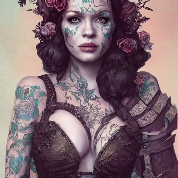 Image similar to christina rene hendricks as a female warrior, body covered in floral tattoos, d & d, fantasy, highly detailed, digital art, trending on artstation, smooth, sharp focus, illustration, art by peter tang and artgem