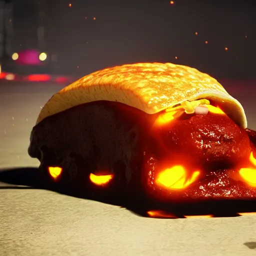 Image similar to demonic possessed taco, expression, unreal engine, by artgerm, wlop and ross thran, dramatic cinematic lighting rendered by octane, 8 k, detailed