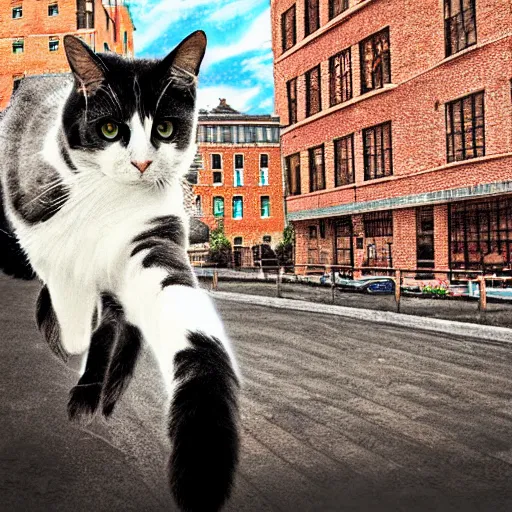 Prompt: a huge calico cat walking in a city, walking over buildings, digital art