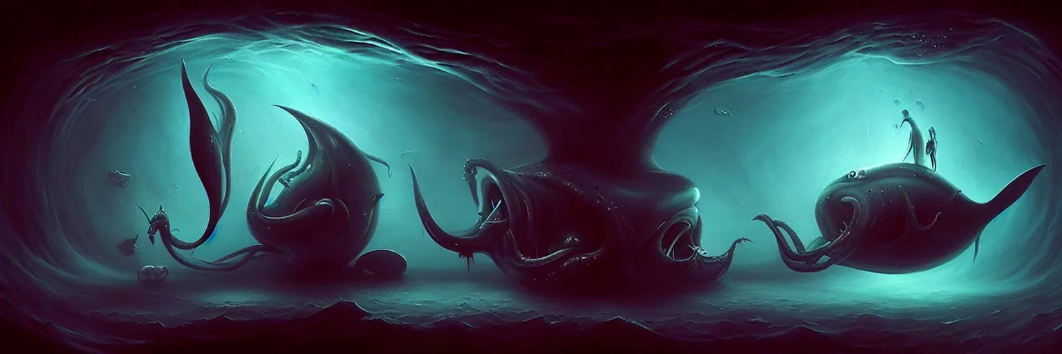 Image similar to whimsical surreal deep sea creatures, dramatic lighting, surreal dark uncanny painting by ronny khalil