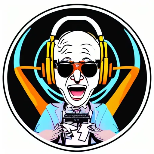 Image similar to svg vector sticker of absolutely insane-mad-scientist-villain, rocking out, wearing headphones, huge speakers, dancing, rave, DJ, spinning records, digital art, amazing composition, rule-of-thirds, award-winning, trending on artstation, featured on deviantart