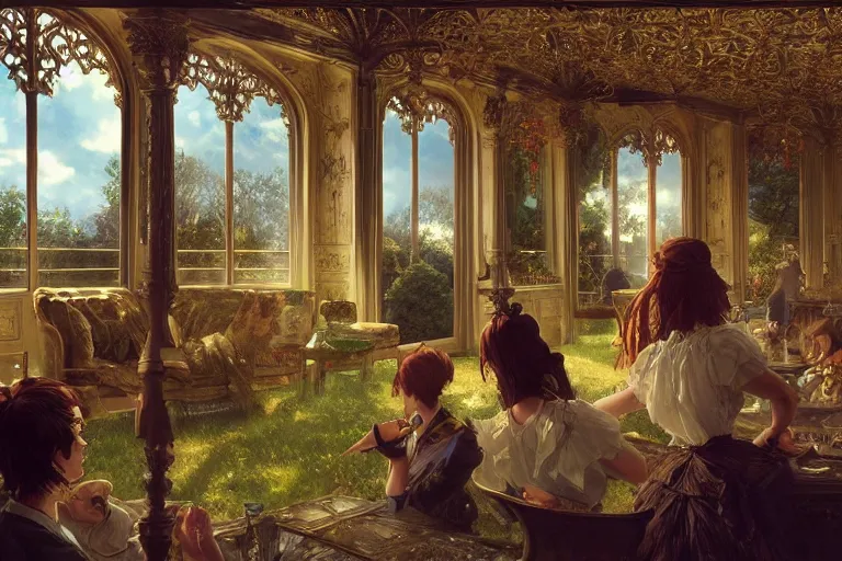 Image similar to an ornate victorian house, party in front, scene in an open field. 1 8 9 0, key visual, conceptart, ambient lighting, highly detailed, digital painting, artstation, concept art, sharp focus, by makoto shinkai and akihiko yoshida and greg manchess