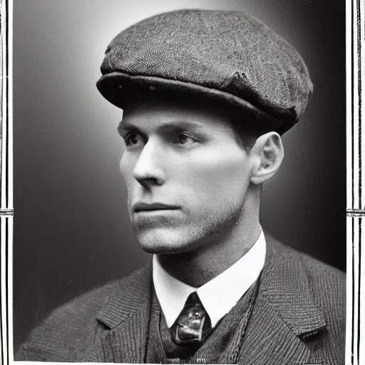 Image similar to A photograph portrait of Jerma985 wearing a newsboy cap in the early 1900s, taken in the early 1900s, grainy, taken on a early 1900s Kodak Camera, realistic, hyperrealistic, very realistic, highly detailed, very detailed, extremely detailed, detailed, digital art, trending on artstation