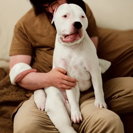 Prompt: portrait of tired white pitbull puppy curled up on a japanese man's lap, highly detailed, cozy aesthetic, fukaya yuichiro