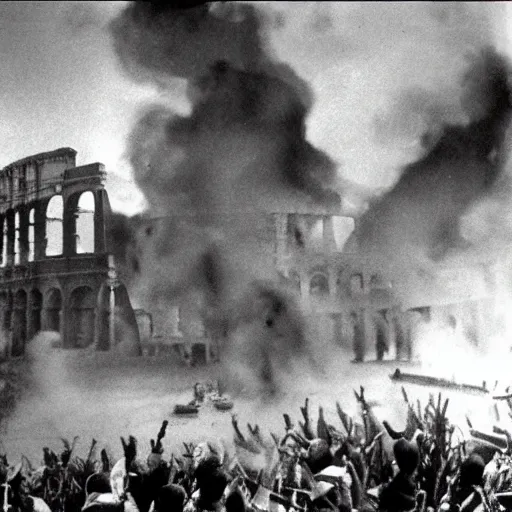 Image similar to Rome burning , realistic, old photo,