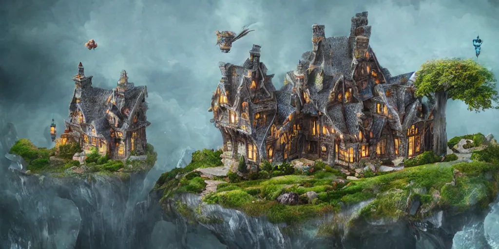 Prompt: \'mimic fantasy houses\' with clawed feet, far away landscape shot, tilt-shifted, high quality art, 4k