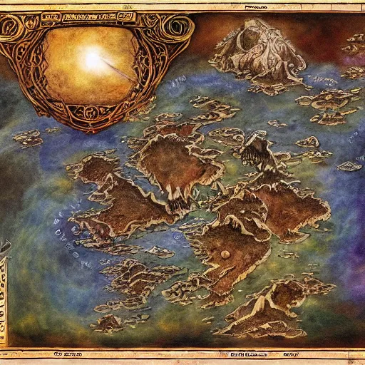 Prompt: simple fantasy map, the land of Odrua, several continents arranged in an arc, world of Lute, by JRR Tolkien and Brian Froud, Vatican Map Room, fantasy concept painting, Magic The Gathering Art, trending on art station, oceans, continents, unmarked