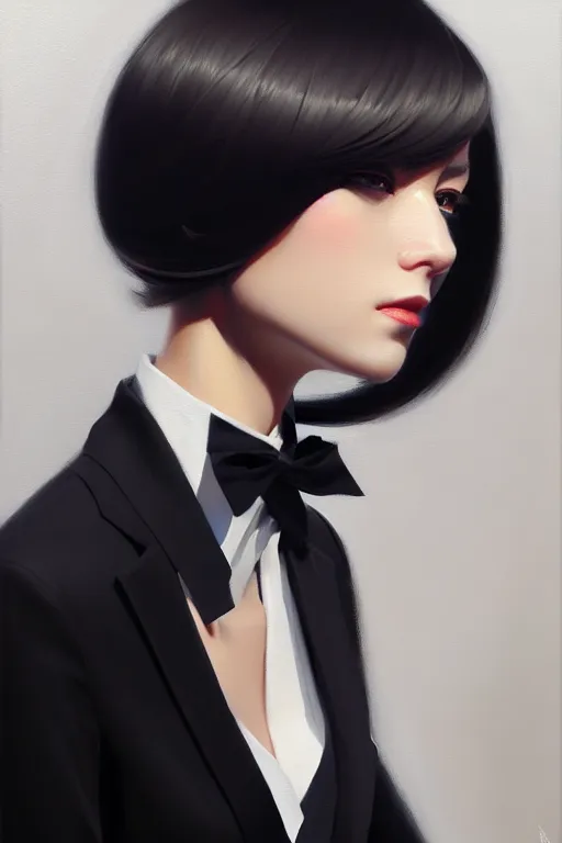 Image similar to a ultradetailed beautiful portrait panting of a stylish woman wearing a black loose fit suit with a tie, oil painting, by ilya kuvshinov, greg rutkowski and makoto shinkai, trending on artstation