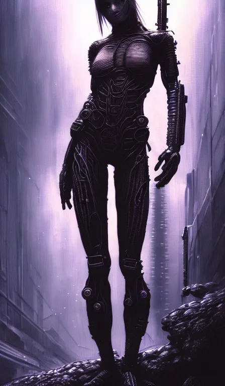 Image similar to a highly detailed long shot photo of cyberpunk female character by ayami kojima, elf, beksinski, giger, elf, rifle, intricate, digital painting, artstation, concept art, smooth, sharp focus, full body shot