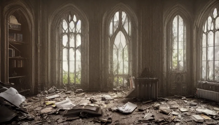 Image similar to interior of an abandoned neo - gothic manor's bed room with lot of cobwebs, dusty ground with dirt, light trough windows, collapsed ceiling, hyperdetailed, artstation, cgsociety, 8 k