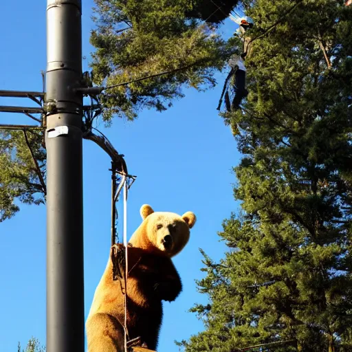 Image similar to the bear sits on a high pole and repairs high-voltage wires. High-resolution photo.