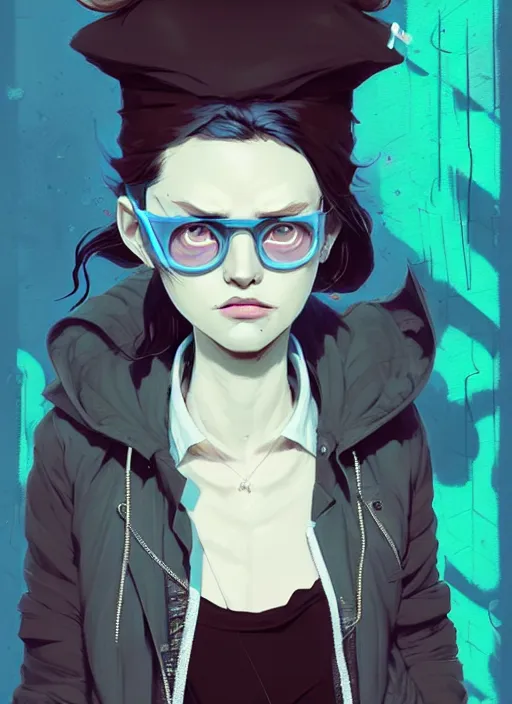 Prompt: highly detailed portrait of a sewer punk lady student, blue eyes, formal jacket, white hair by atey ghailan, by greg rutkowski, by greg tocchini, by james gilleard, by joe fenton, by kaethe butcher, gradient blue, black, brown and cyan color scheme, grunge aesthetic!!! ( ( graffiti tag wall background ) )