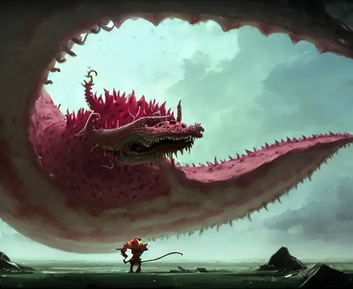 Image similar to still frame from Cloudy with a Chance of Meatballs 2 (2013) of possessed dragon fruit sandworm dragon, Scyth game art by peter Mohrbacher by Jakub Różalski by jakub rozalski