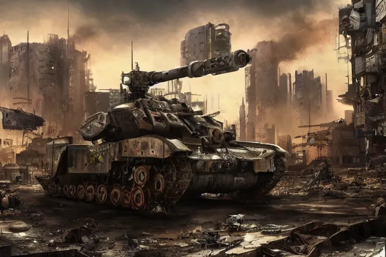 Prompt: an armored mechanical steampunk tank driving through a war - torn cyberpunk city, cinematic