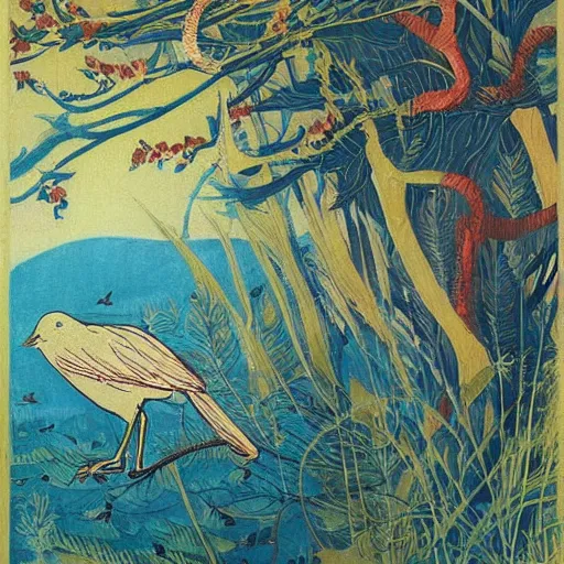 Prompt: A beautiful experimental art of a bird in its natural habitat. The bird is shown in great detail, with its colorful plumage and intricate patterns. The background is a simple but detailed landscape, with trees, bushes, and a river. graffiti by Akihiko Yoshida, by Zinaida Serebriakova dull, aesthetic