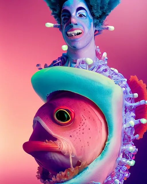 Prompt: natural light, soft focus portrait of a cyberpunk anthropomorphic clown fish with soft synthetic pink skin, blue bioluminescent plastics, smooth shiny metal, elaborate ornate head piece, piercings, skin textures, by annie leibovitz, paul lehr