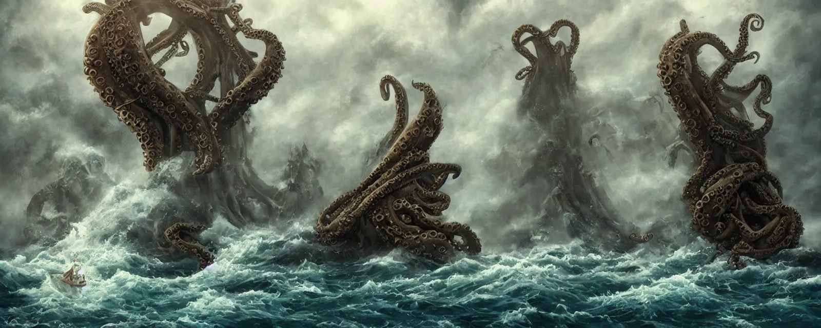 Prompt: a giant octopus is devouring a pirate ship in the wild sea, wide lens, cinematic, mist, waves, great waterfall, Eddie mendoza, ghibli, Vladimir Kush, Michael Whelan, Kay Sage, Julie Bell, Jane Graverol, Peter Mohrbacher, Ralph Bakshi, Detailed Digital Art, Airbrush, Art Nouveau, Intricate, Clear, Looming, Epic, Depth, Multi-dimensional Latent Space, Volumetric Lighting, Unreal Engine, octane render, vray, 4k, super wide angle