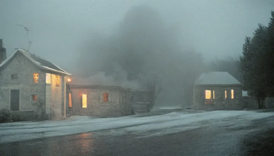 Image similar to 1 9 7 0 s movie still of a heavy burning french style little house in a small north french village by night, rainy, foggy, in winter, cinestill 8 0 0 t 3 5 mm, heavy grain, high quality, high detail, dramatic light, anamorphic, flares