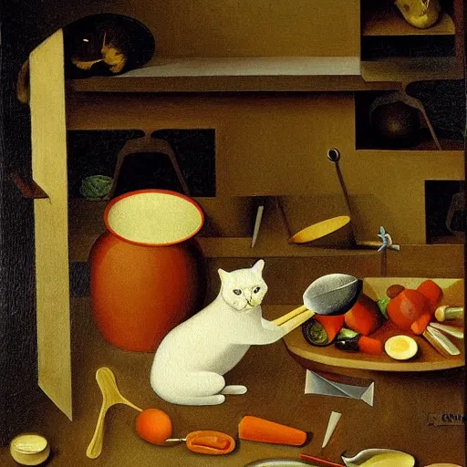 Image similar to the cat cooks soup, stirring a pot with a ladle and cutting vegetables, oil painting, drawn by Bosch