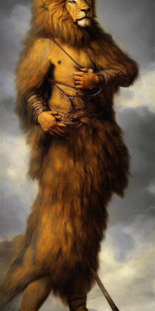 Prompt: full body portrait of lion barbarian, extreme very textured detailed portrait oil painting by rembrandt, dramatic clouds and atmosphere