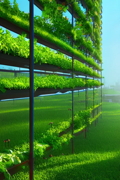 Prompt: vertical farming, solarpunk, studio ghibli, octane render, 4 k