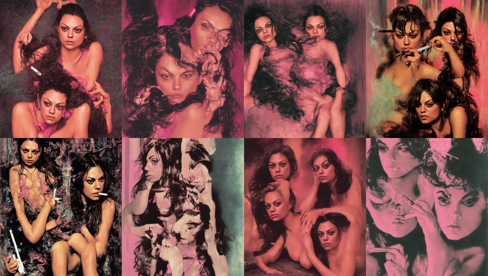 Image similar to close portrait of mila kunis looking into the camera leaning back against a wall smoking a cigarette, pink neon street, 1 9 8 0 s, intricate, moody, personal, highly detailed, short focus depth, donato giancola, joseph christian leyendecker, frank frazetta, alex horley, ralph horsley, michael whelan