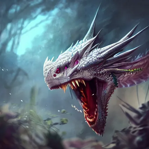 Image similar to hyperrealistic dragon shooting flowers out of its mouth, highly detailed, trending on artstation, 4k