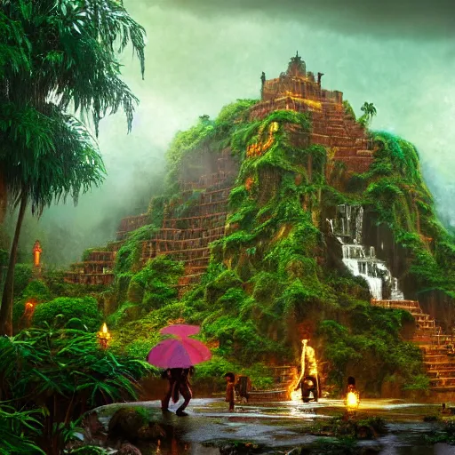 Image similar to aztec jungle village, ornate, beautiful, atmosphere, mist, vibe, smoke, beautiful, rain, reflection, pristine, puddles, waterfall, melting, dripping, wild look, mattepainting concept blizzard pixar maya engine splash comics global illumination lighting artstation, sharp focus, norman rockwell