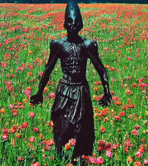 Image similar to mystical black death god figure standing in tall meadow of flowers, film photo, grainy, high detail, high resolution