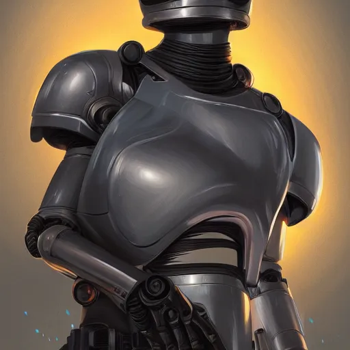 Prompt: Futurama's Bender as robocop, highly detailed, digital painting, artstation, concept art, smooth, sharp focus, illustration, art by artgerm and greg rutkowski and alphonse mucha and loish and WLOP