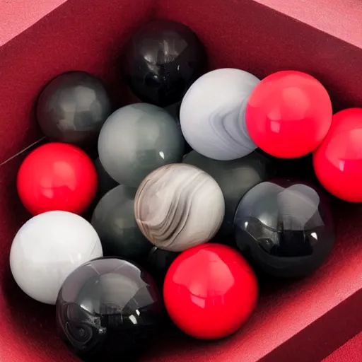 Prompt: obsidian spheres on a red cube