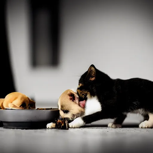 Image similar to photography of a puppie sharing his meal with a small baby cat, animal photography, award winning photography by Leonardo Espina