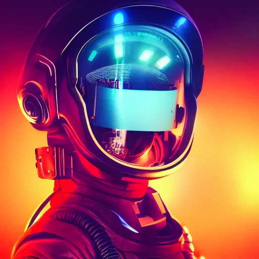 Prompt: professional photo of astronaut from front standing very close to camera from low angle shot, cyberpunk, synthwave, blade runner, hyperrealistic masterpiece, trending on artstation, cgsociety, kodakchrome, golden ratio, cinematic, composition, beautiful lighting, hyper detailed, sharp focus, octane render, 4 k, unreal engine