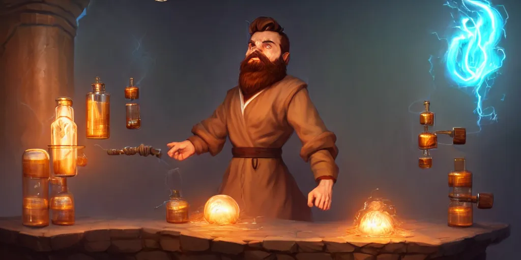 Image similar to a handsome bearded caucasian male sorcerer with brown hair he is casting a spell with flowing energy, he is in a alchemist lab filled with beakers and equipment, neutral pose, waist up, epic composition, 4 k, trending on artstation, by rudy siswanto and anna podedworna