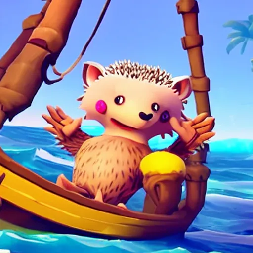 Image similar to hedgehog in a bikini in sea of thieves, hedgehog wearing a bikini, cute, colourful, happy, adorable, funny
