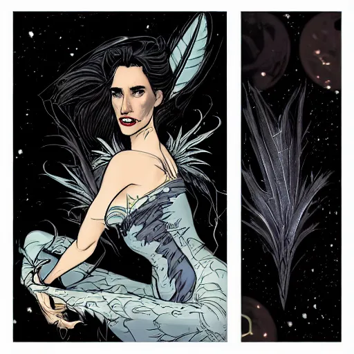 Image similar to Jennifer Connelly as dark fae gothic atompunk evil Disney villain queen with black feather hair, feathers growing out of skin, shedding feathers, in front of space station window, Mike mignola, trending on artstation, comic book cover, illustration