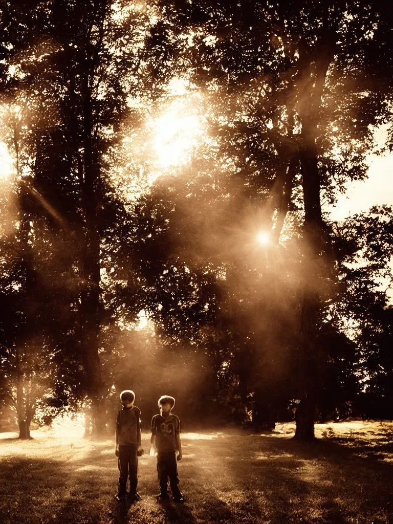 Image similar to a boy and a girl side by side, posing for a picture, a strong light behind their faces, god rays, nostalgic, night, some trees in the background, old polaroid, dramatic reddish light, atmospheric