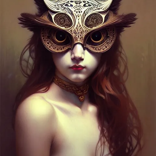 Image similar to A girl wearing an owl mask, face, detailed, intricate, elegant, highly detailed, digital painting, artstation, concept art, smooth, sharp focus, illustration, art by Krenz Cushart and Artem Demura and alphonse mucha